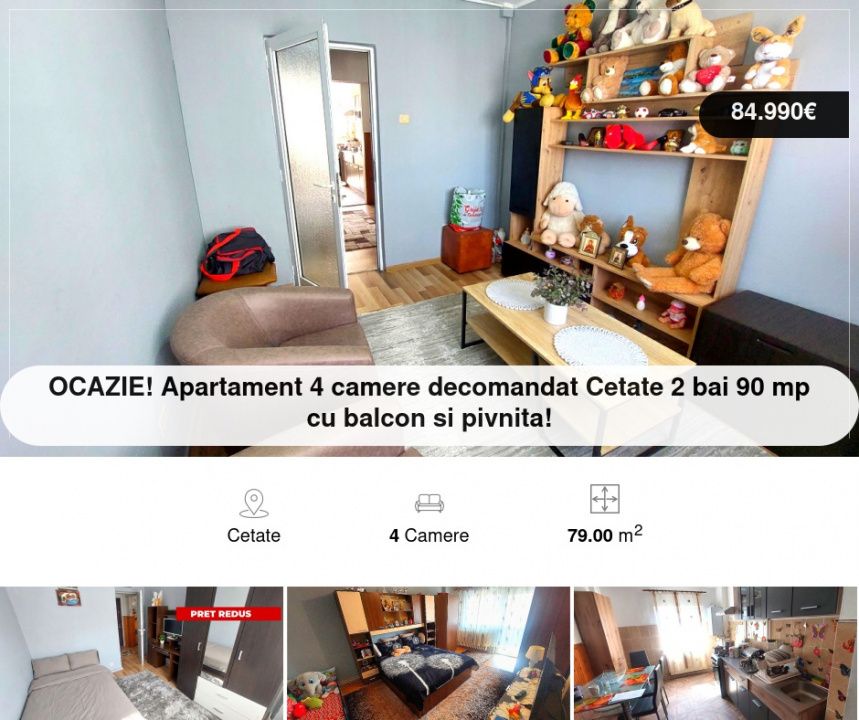 OCAZIE! Apartament 4 camere decomandat Cetate 2 bai 90 mp cu balcon si pivnita! – fotografia 1 din 10