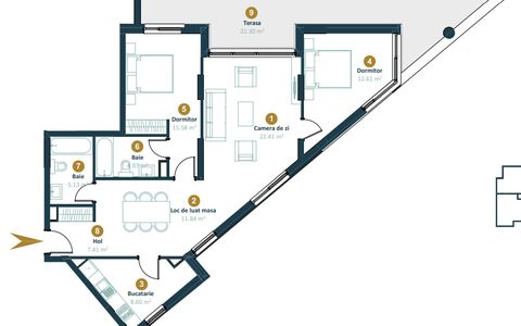 Apartament semifinisat, 3 camere, 2 băi, terasă 22mp, Între Lacuri