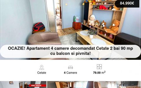 OCAZIE! Apartament 4 camere decomandat Cetate 2 bai 90 mp cu balcon si pivnita!
