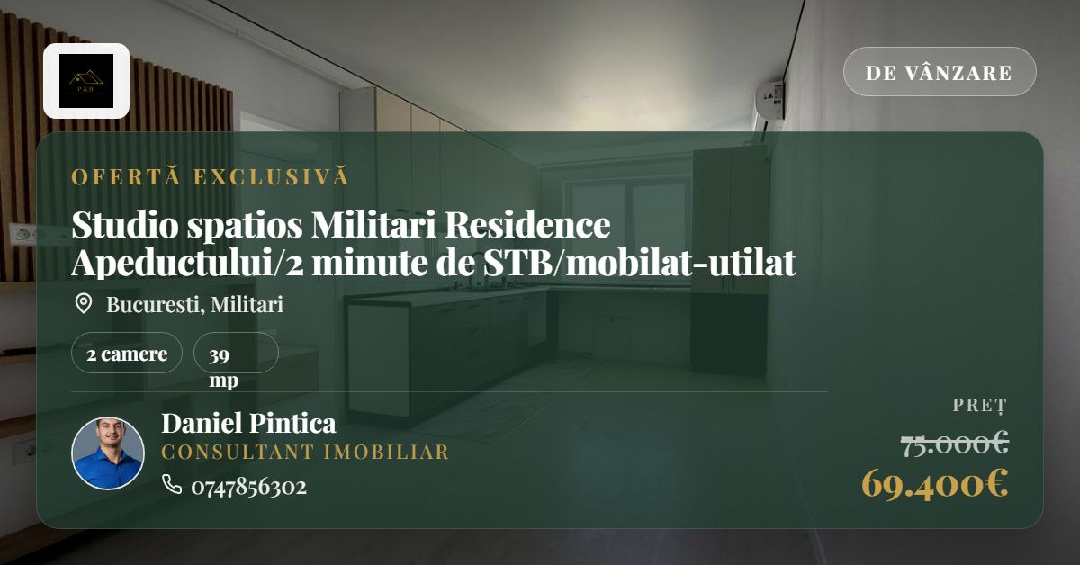 Studio spatios Militari Residence Apeductului/2 minute de STB/mobilat-utilat – fotografia 1 din 15
