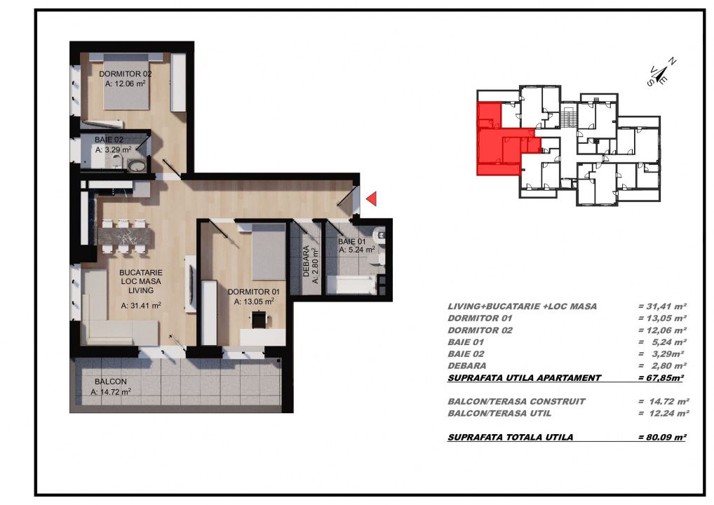 Apartament 3 camere, 68mp utili, terasa, zona Eroilor, Floresti – fotografia 2 din 4