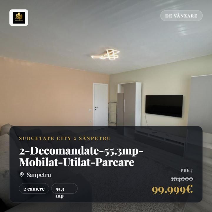Apartament-2Camere-Decomandat-55.3mp-Mobilat-Utilat-Parcare-Bloc-Nou – fotografia 1 din 15