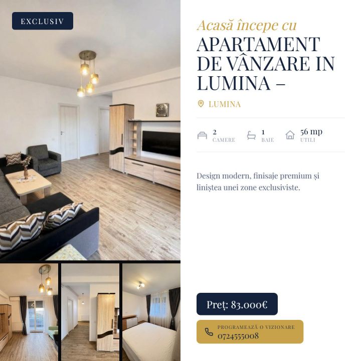 Apartament de vânzare in LUMINA – mobilat și utilat complet – fotografia 1 din 13
