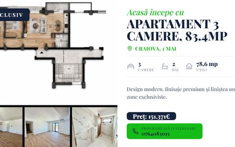 Apartament 3 camere, open space, 83.4mp, cartier 1 Mai