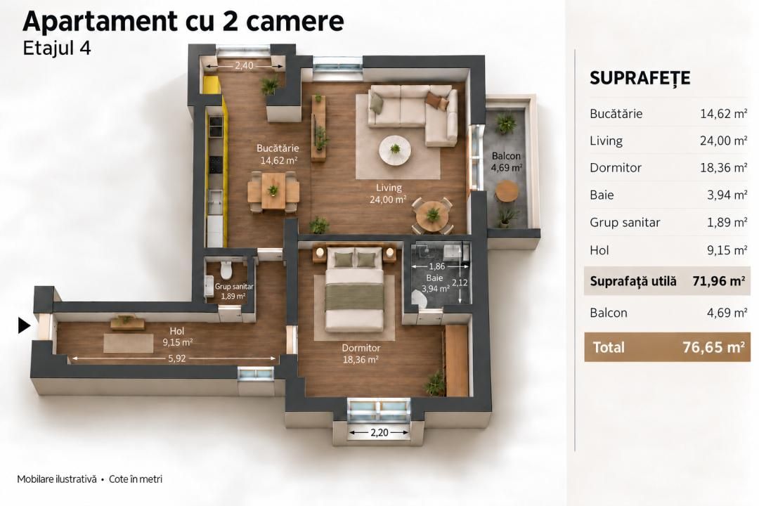 Apartament 2 camere 72mp | 0 Comision | Straulesti | Mobilat | 2 bai – fotografia 6 din 15