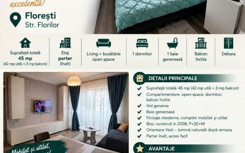 Apartament Modern : 2 Camere | Balcon | 45 MP | Parcare | Floresti