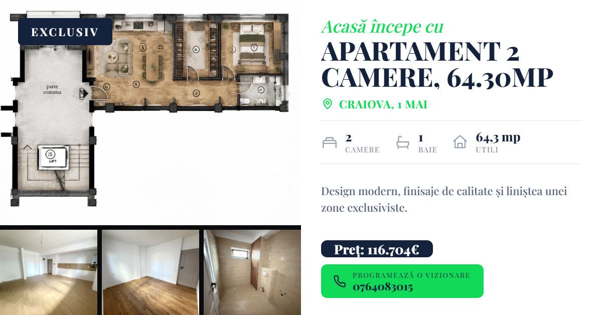 Apartament 2 camere, open space , 64.30mp, cartier 1 Mai – fotografia 1 din 8