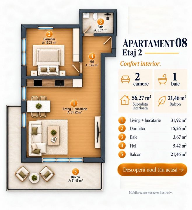 Apartament PREMIUM I 2 camere I 56 mp I  balcon 11,53 mp I finisat I – fotografia 5 din 6