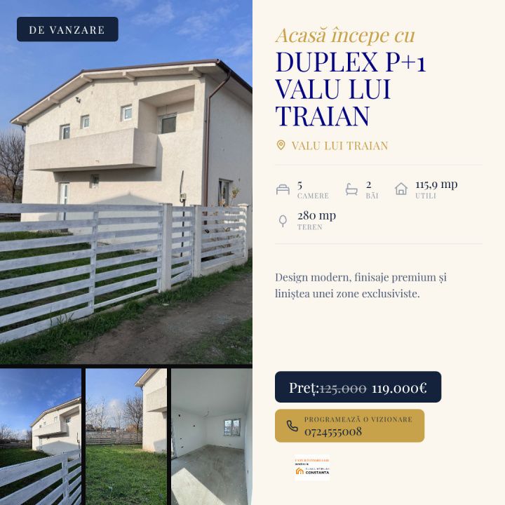Duplex P+1 de Vânzare Valu lui Traian | 4 Dormitoare | Teren 280 mp – fotografia 1 din 14
