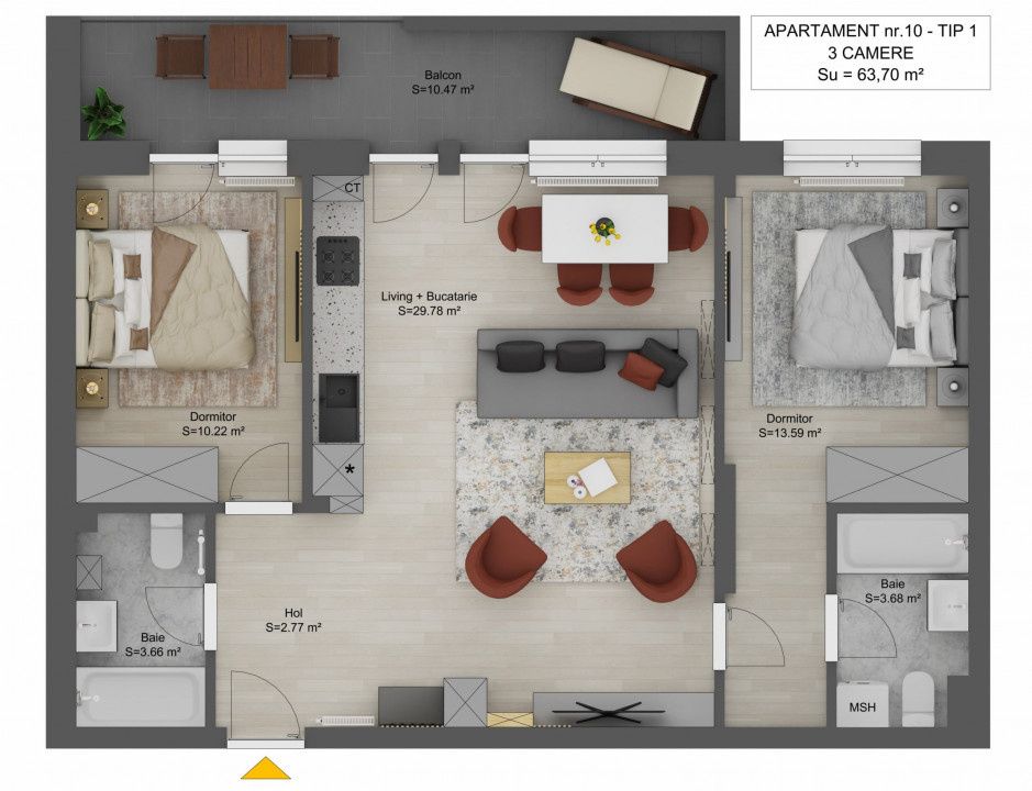 Apartament de vanzare 3 camere Sibiu Doamna Stanca 64mpu finisat cheie – fotografia 5 din 10