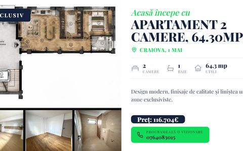 Apartament 2 camere, open space , 64.30mp, cartier 1 Mai