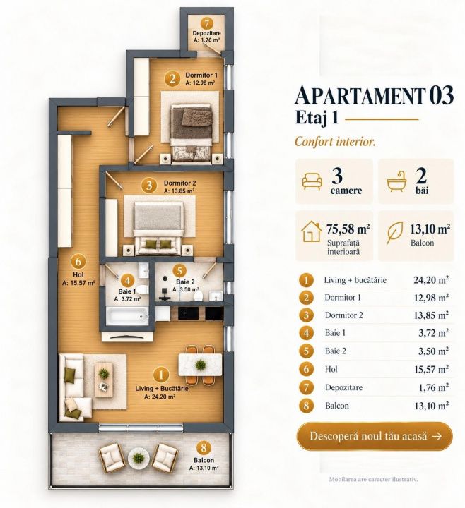 Apartament PREMIUM I 3 camere I 66 mp I  finisaje de inalta calitate I – fotografia 7 din 14