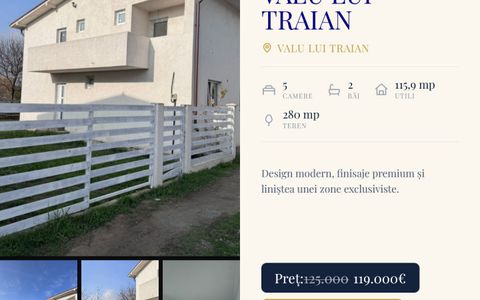 Duplex P+1 de Vânzare Valu lui Traian | 4 Dormitoare | Teren 280 mp