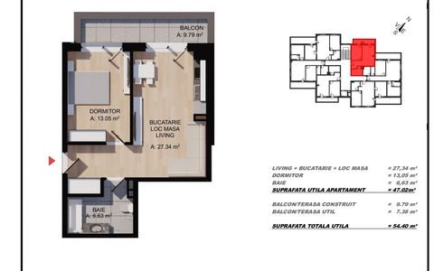 Apartament 2 camere, 47mp utili, balcon, zona Eroilor, Floresti