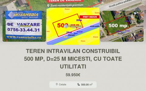 Teren intravilan construibil 500 mp, d=25 m Micesti, cu toate utilitati