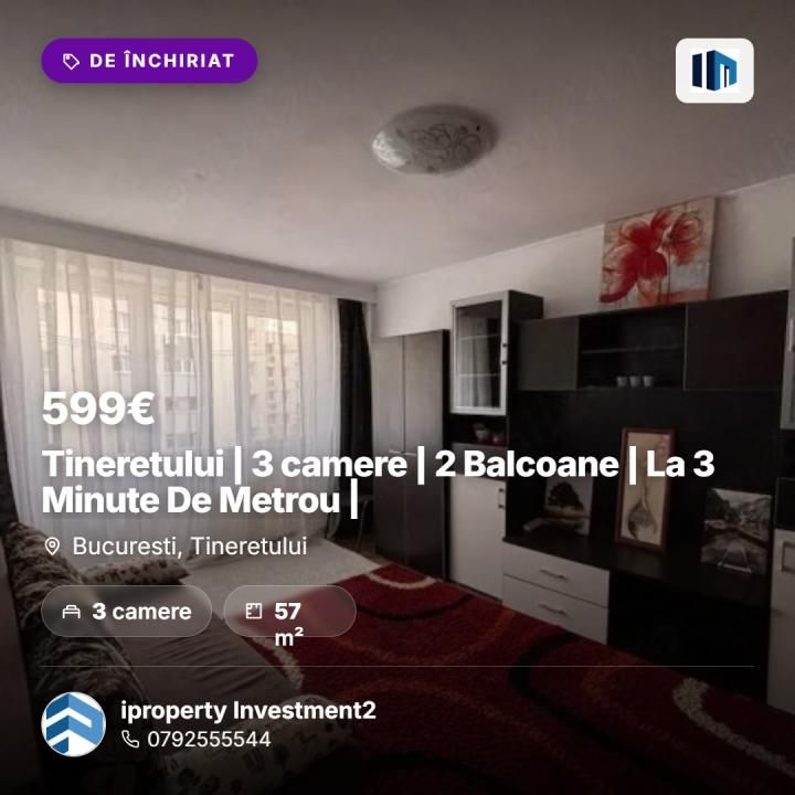 Tineretului | 3 camere | 2 Balcoane | La 3 Minute De Metrou | – fotografia 1 din 7
