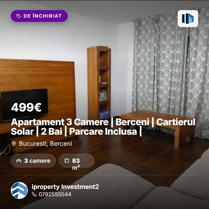 Apartament 3 Camere | Berceni | Cartierul Solar | 2 Bai | Parcare Inclusa | – fotografia 1 din 9