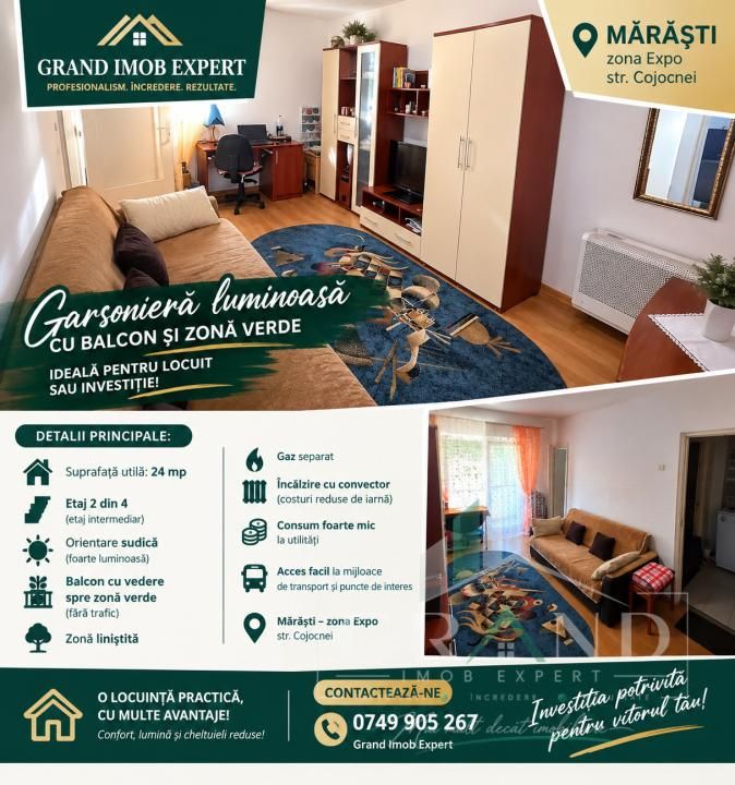 Garsoniera de Vanzare | 24 MP | Etaj 2 | Orientare Sudica | Marasti – fotografia 1 din 6