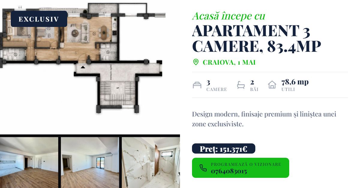 Apartament 3 camere, open space, 83.4mp, cartier 1 Mai – fotografia 1 din 12