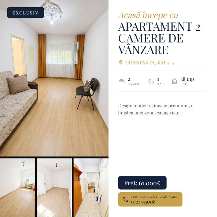Apartament 2 camere de vânzare | KM 4-5 | Parter | 38 mp – fotografia 1 din 7