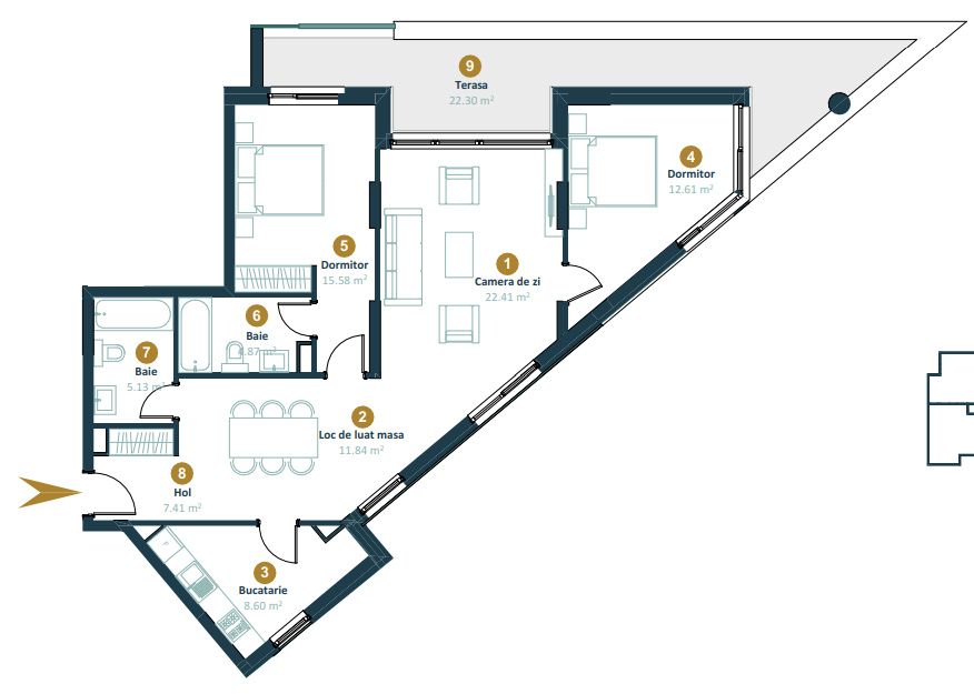 Apartament semifinisat, 3 camere, 2 băi, terasă 22mp, Între Lacuri – fotografia 1 din 3