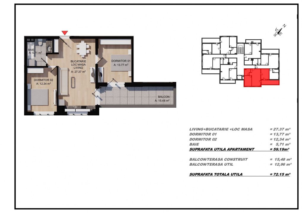 Apartament 3 camere, 60mp utili, terasa, zona Eroilor, Floresti – fotografia 1 din 4