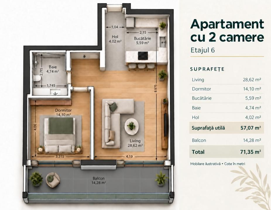 Apartament 2 camere 57mp | 0 Comision | One High District | Vedere lac – fotografia 7 din 15