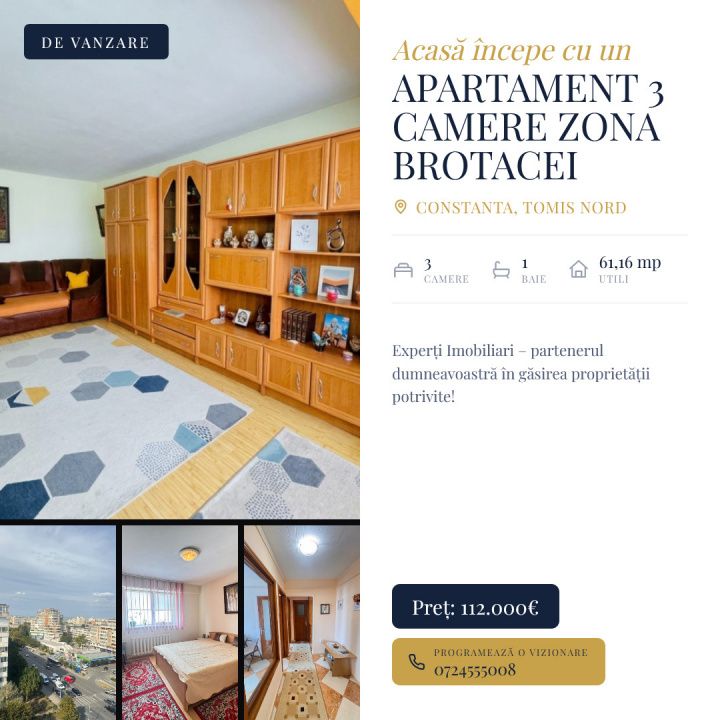 Apartament 3 camere de vanzare - zona Brotacei, Tomis Nord – fotografia 1 din 12