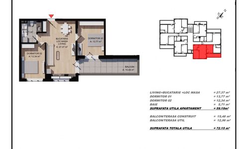Apartament 3 camere, 60mp utili, terasa, zona Eroilor, Floresti