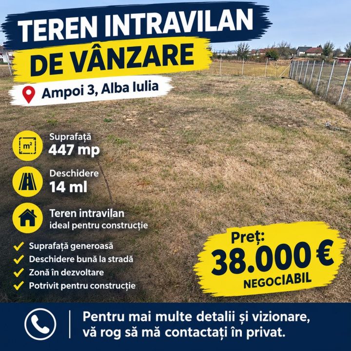 Teren intravilan I DE VANZARE I Ampoi 3 I 447 mp I apa si canal langa I – fotografia 1 din 1
