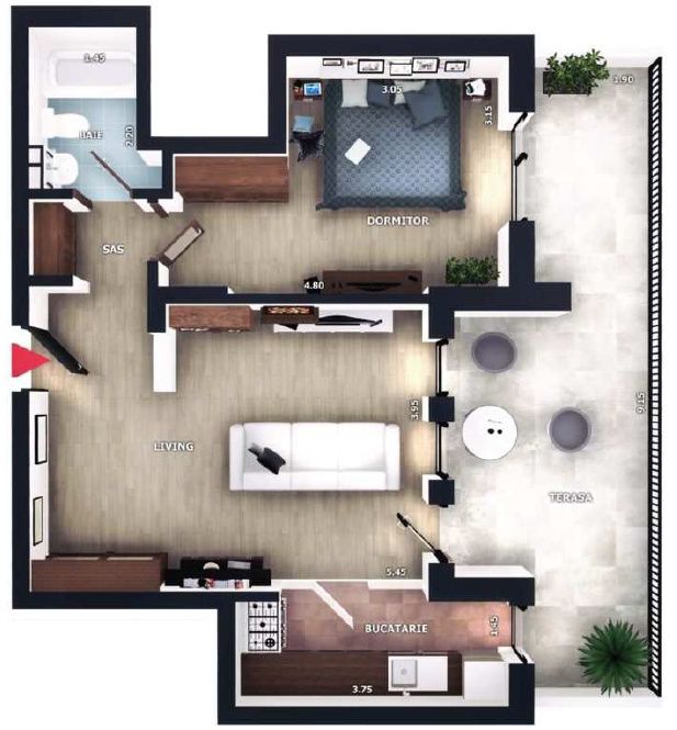 Apartament 2 camere | 45,5mp | terasa 18mp | zona Vivo, Floresti – fotografia 2 din 4
