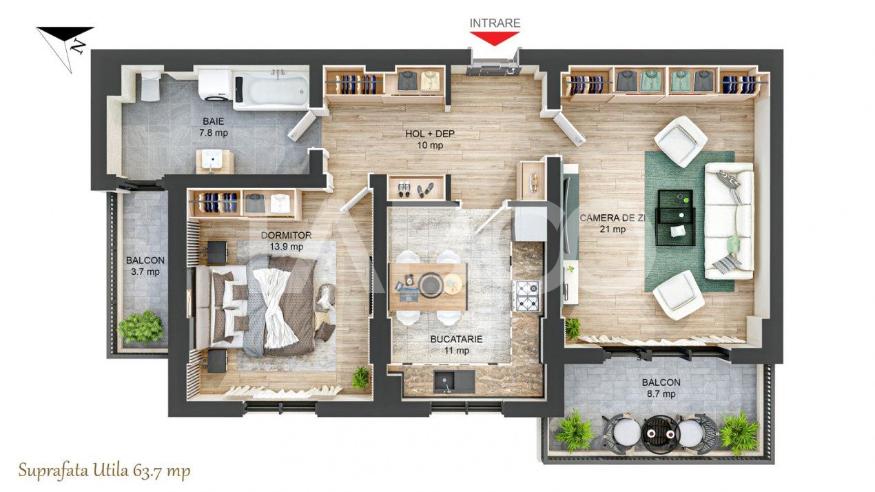 Apartament decomandat 2 camere 64 mpu si 2 balcoane zona Rahovei Sibiu – fotografia 5 din 16