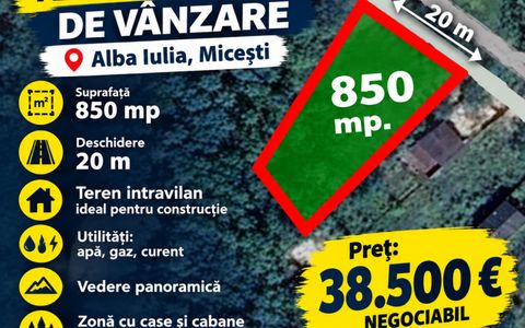 OKAZIE! 850 mp | Teren Intravilan | Alba Micesti | d=20 m| Utilitati | Panoramic