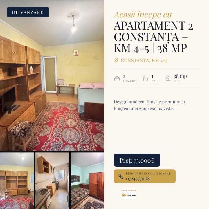 Apartament 2 camere semidecomandat, Constanța – KM 4-5 | 38 mp + boxă – fotografia 1 din 8