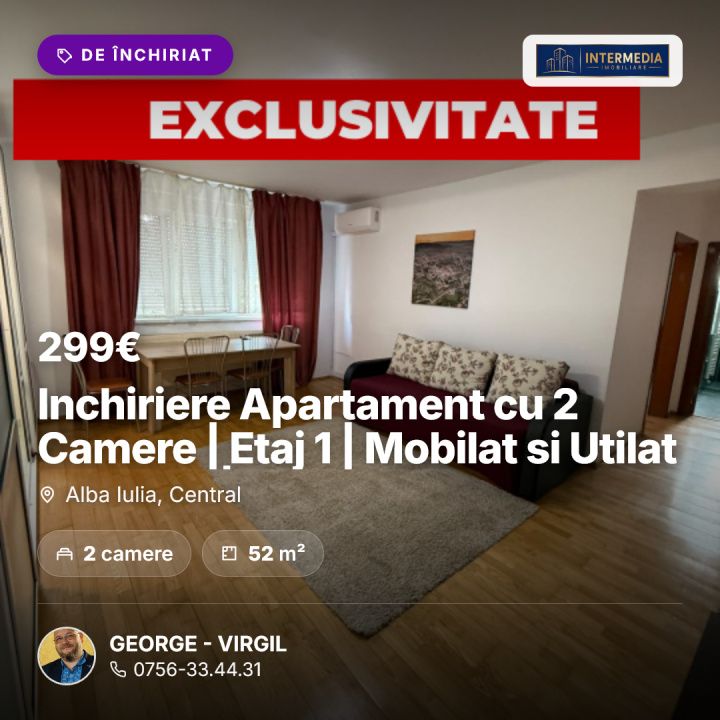 Inchiriere Apartament cu 2 Camere | Etaj 1 | Mobilat si Utilat Complet | Central – fotografia 1 din 9