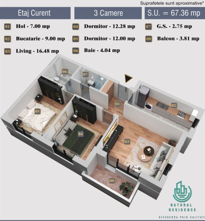 Apartament 3 camere de Vanzare Natural Residence Chiajna, direct dezvoltator – fotografia 1 din 17