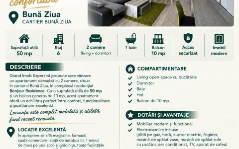Oportunitate : Apartament 2 Camere | 50 MP | Balcon 10 MP | Buna Ziua