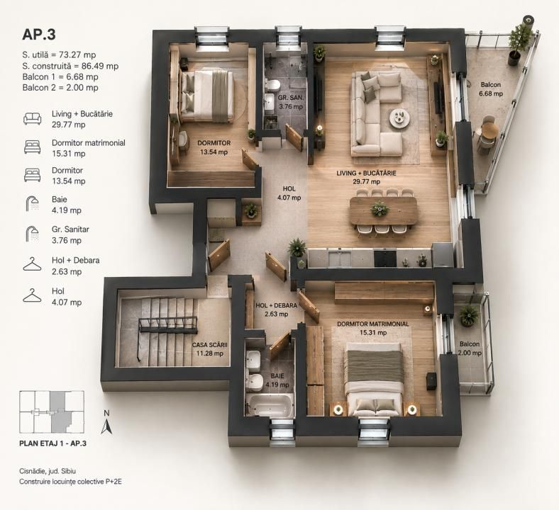 Apartament 3 camere 2 bai  Premium Arhitectilor Sibiu – fotografia 3 din 7