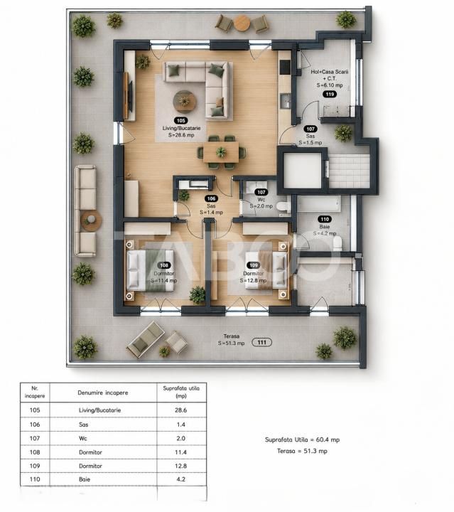 Penthouse cu terasa de 51mp de vanzare 3 camere 2 bai 1 parcare Sibiu – fotografia 5 din 10