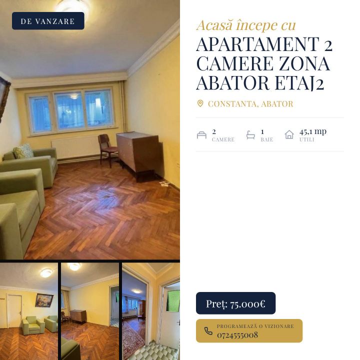 Apartament 2 camere de vânzare în zona Abator, Constanța – etaj intermediar – fotografia 1 din 11
