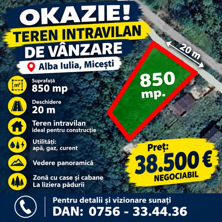 OKAZIE! 850 mp | Teren Intravilan | Alba Micesti | d=20 m| Utilitati | Panoramic – fotografia 5 din 6