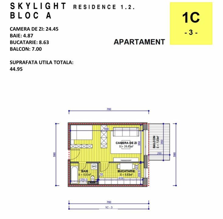 SkyLight Residence | Studio – Etaj 5/17 – 48.84 mp total – Balcon 6.12 mp – fotografia 2 din 4