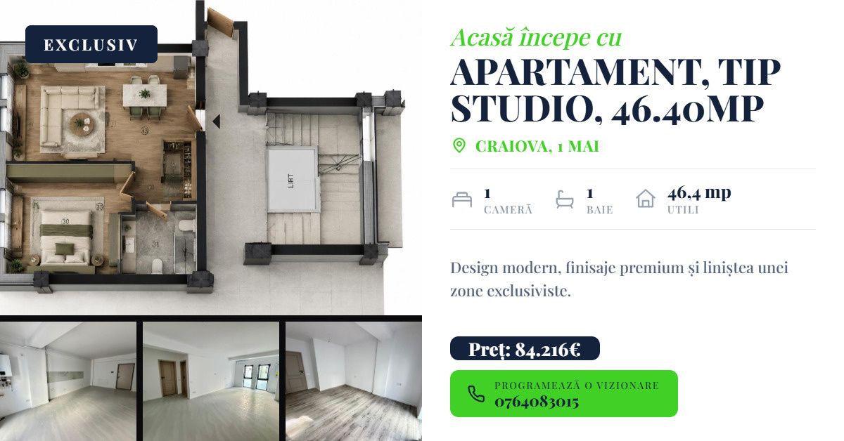 Apartament nou, tip studio, 46.40mp, cartier 1 Mai – fotografia 1 din 8