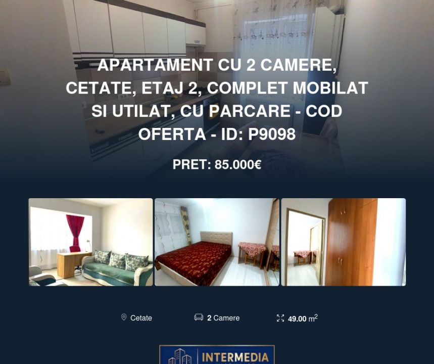 Apartament cu 2 camere, Cetate, etaj 2, complet mobilat si utilat, cu parcare – fotografia 1 din 7