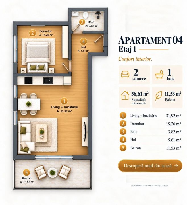 Apartament PREMIUM I 2 camere I 56 mp I  balcon 11,53 mp I finisat I – fotografia 6 din 6