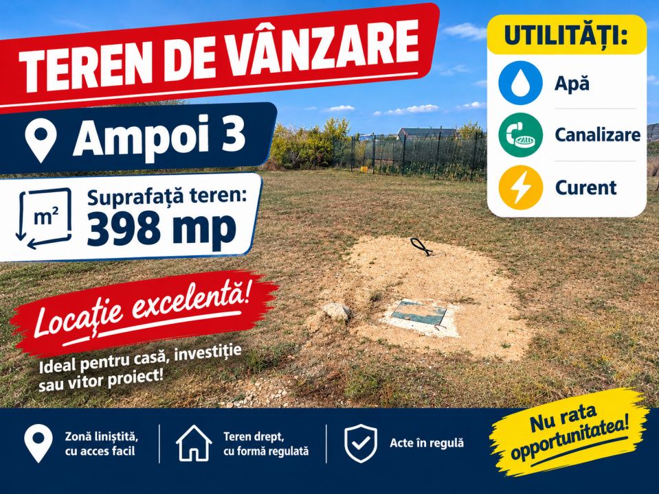 Teren intravilan I Ampoi 3 I 398 mp I apa si canal pe teren I curent langa I – fotografia 1 din 1