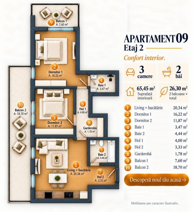 Apartament PREMIUM I 3 camere I 66 mp I  finisaje de inalta calitate I – fotografia 2 din 14