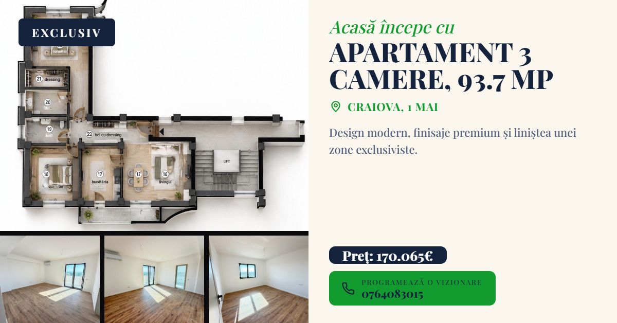Apartament 3 camere, decomandat, 93.7 mp, cartier 1 Mai – fotografia 1 din 13