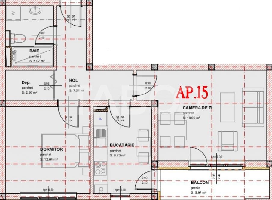 Apartament 2 camere decomandate balcon loc de parcare orientare sudica – fotografia 8 din 9